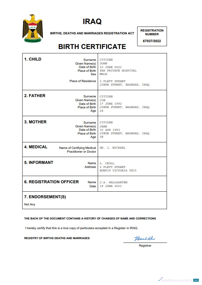 Download Iraq birth certificate Word and PDF template Photoshop template